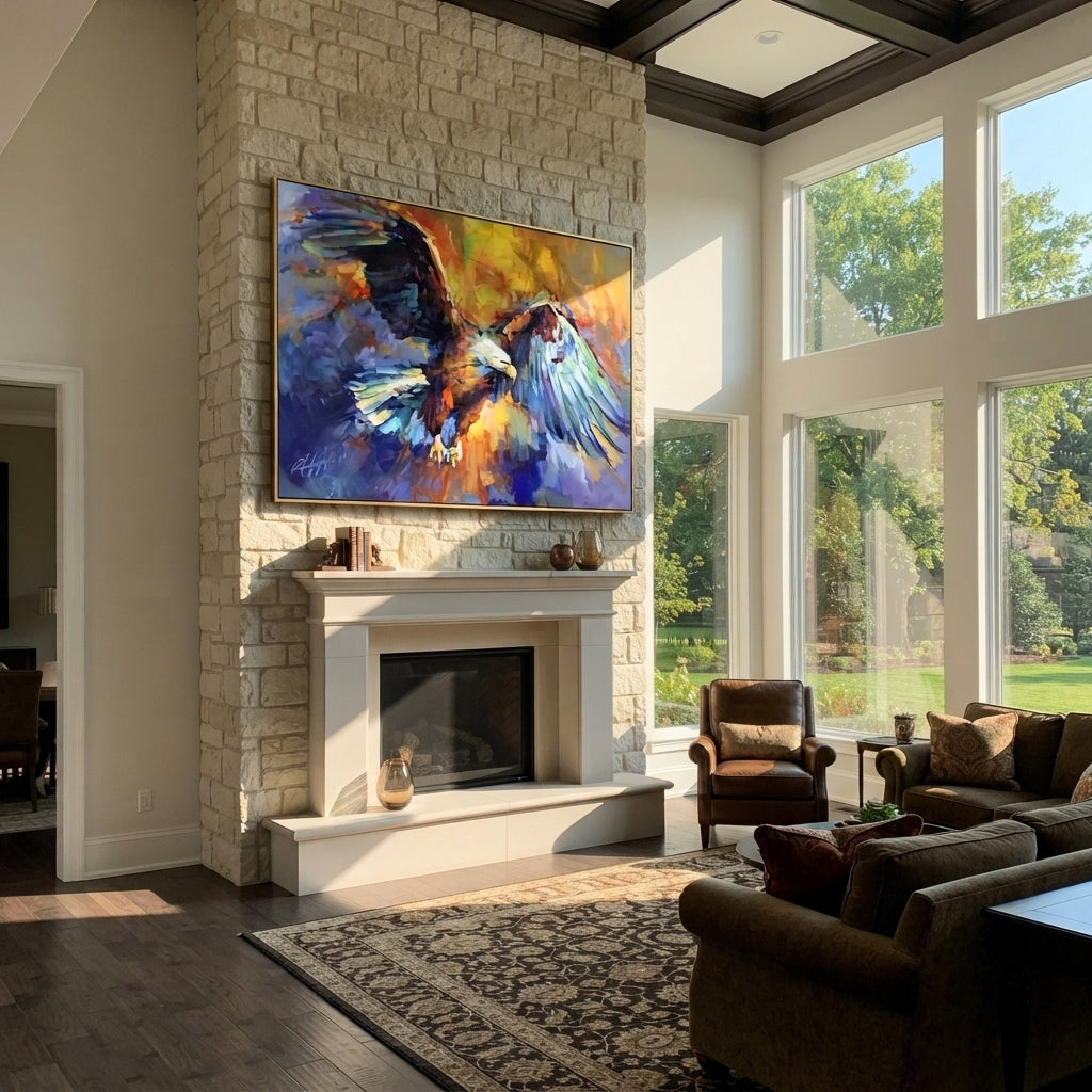 Colorful Eagle in Motion focuses on a vivid eagle crossing blue, orange, yellow and violet brushwork. The visible subject is placed within a carefully balanced painted field, with the main silhouette, feather, fur, petals, branches, clothing, landscape or background marks kept specific to this artwork. The palette of blue, orange, yellow creates the mood through clear warm and cool relationships, while lighter passages open the composition and darker passages give the focal form weight. Raised