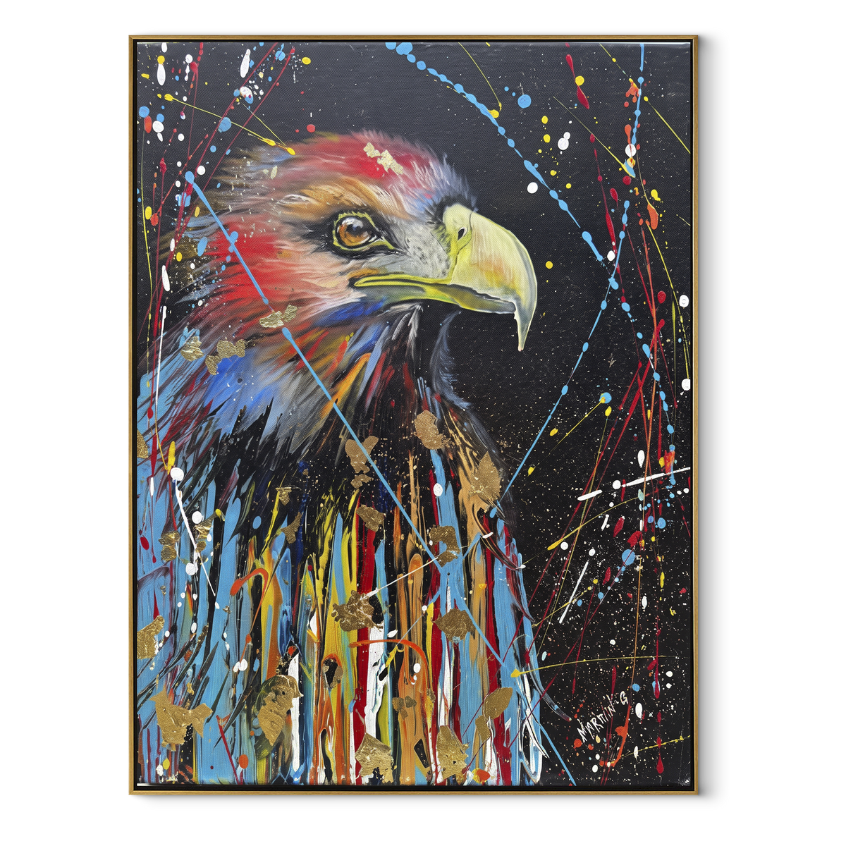 Abstract Red Blue Eagle focuses on an eagle head emerging from red, blue and white expressive strokes. The visible subject is placed within a carefully balanced painted field, with the main silhouette, feather, fur, petals, branches, clothing, landscape or background marks kept specific to this artwork. The palette of red, blue, white creates the mood through clear warm and cool relationships, while lighter passages open the composition and darker passages give the focal form weight. Raised
