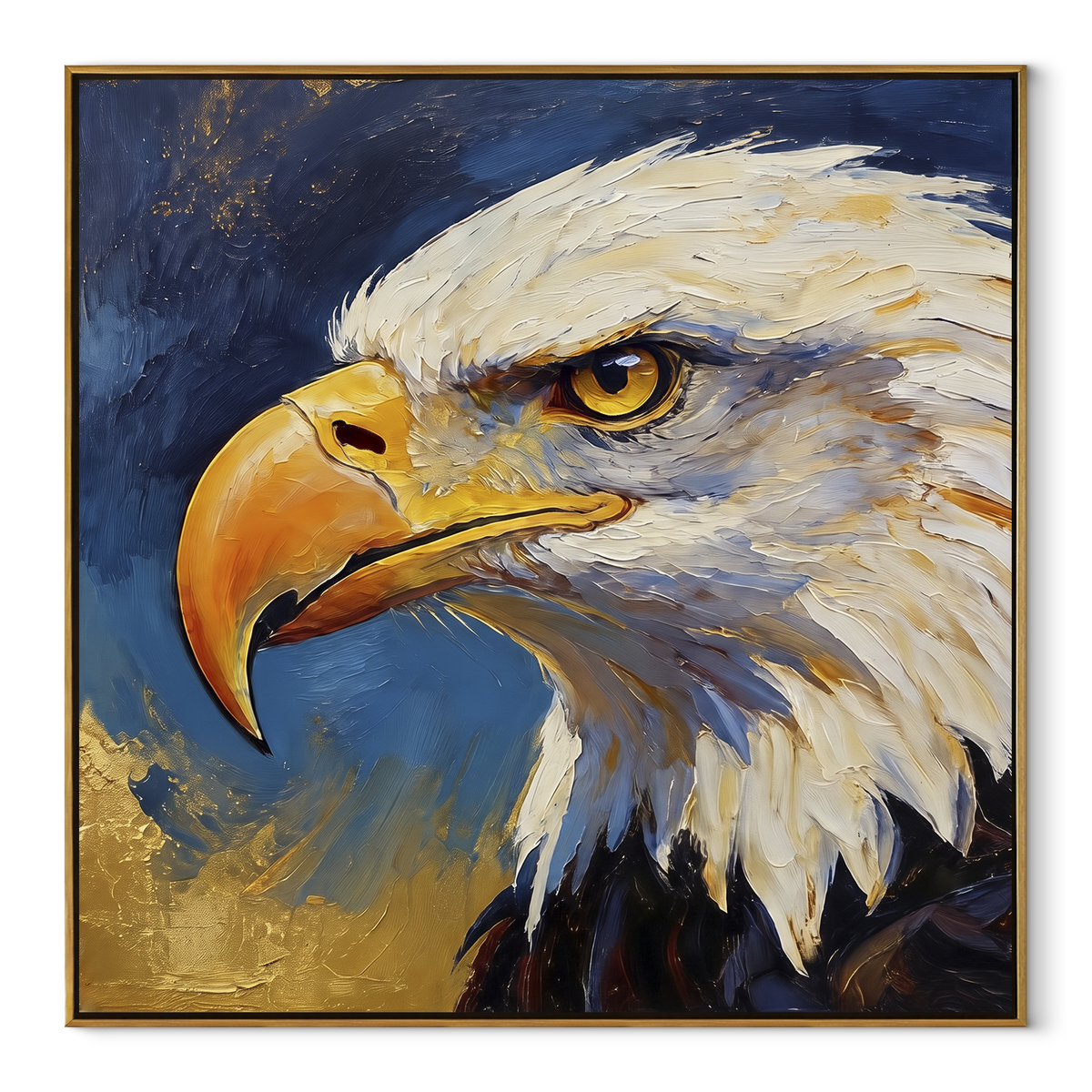 Eagle Over Snow focuses on a soaring eagle with warm wings against a pale snowy field. The visible subject is placed within a carefully balanced painted field, with the main silhouette, feather, fur, petals, branches, clothing, landscape or background marks kept specific to this artwork. The palette of brown, white, blue creates the mood through clear warm and cool relationships, while lighter passages open the composition and darker passages give the focal form weight. Raised impasto