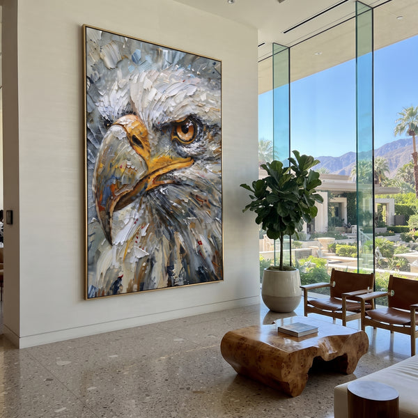 "Eagle Head and Gold" - Modern Heavy Impasto Floral Abstract | White & Gold Palette Knife Painting | Luxury Vertical Wall Art #PT 2917