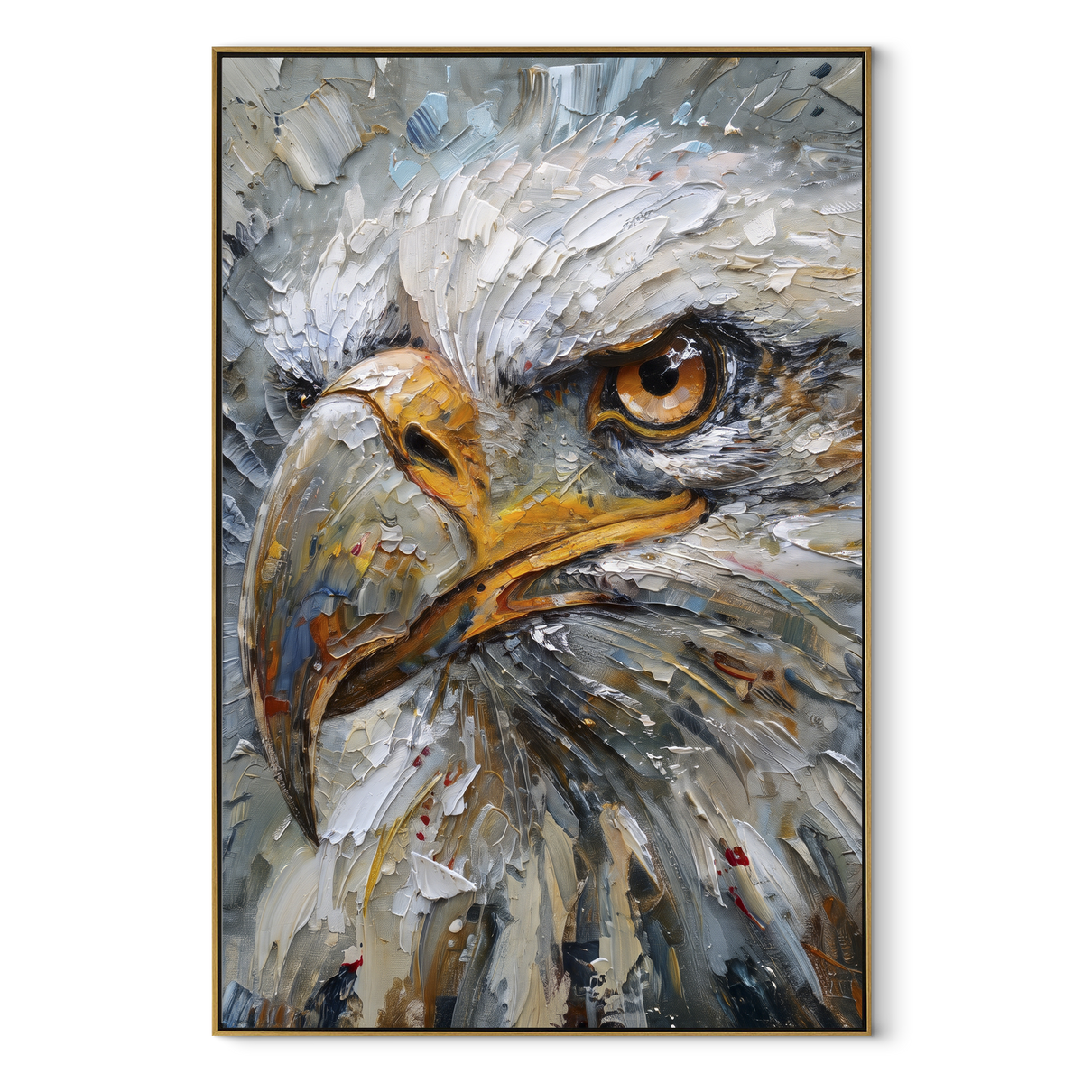Eagle Head and Gold focuses on a frontal eagle head framed by white feathers and gold accents. The visible subject is placed within a carefully balanced painted field, with the main silhouette, feather, fur, petals, branches, clothing, landscape or background marks kept specific to this artwork. The palette of white, gold, black creates the mood through clear warm and cool relationships, while lighter passages open the composition and darker passages give the focal form weight. Raised impasto