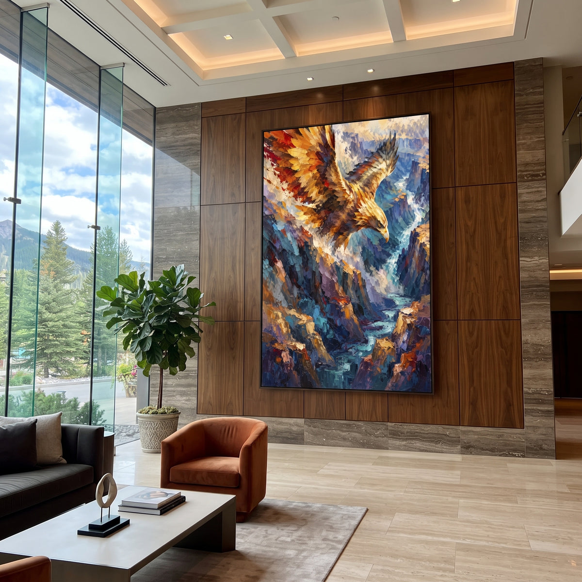 Eagle on Mountain Branch focuses on a bald eagle perched before blue mountains and distant trees. The visible subject is placed within a carefully balanced painted field, with the main silhouette, feather, fur, petals, branches, clothing, landscape or background marks kept specific to this artwork. The palette of blue, brown, green creates the mood through clear warm and cool relationships, while lighter passages open the composition and darker passages give the focal form weight. Raised