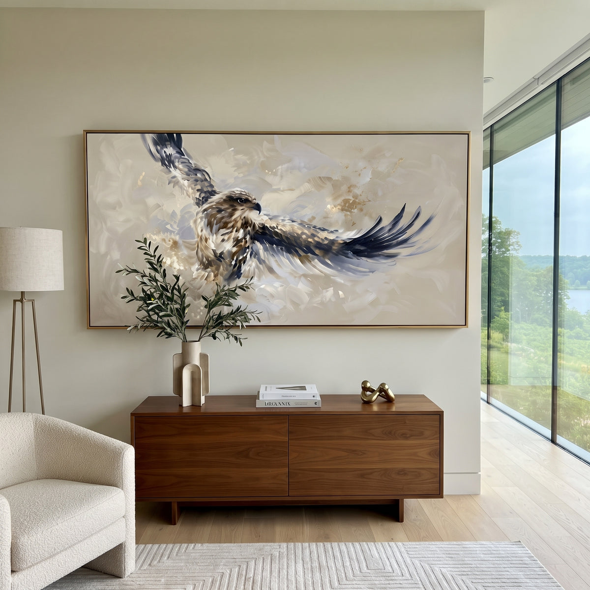 Bald Eagle in Grey focuses on a bald eagle portrait against a cool grey textured ground. The visible subject is placed within a carefully balanced painted field, with the main silhouette, feather, fur, petals, branches, clothing, landscape or background marks kept specific to this artwork. The palette of grey, white, black creates the mood through clear warm and cool relationships, while lighter passages open the composition and darker passages give the focal form weight. Raised impasto