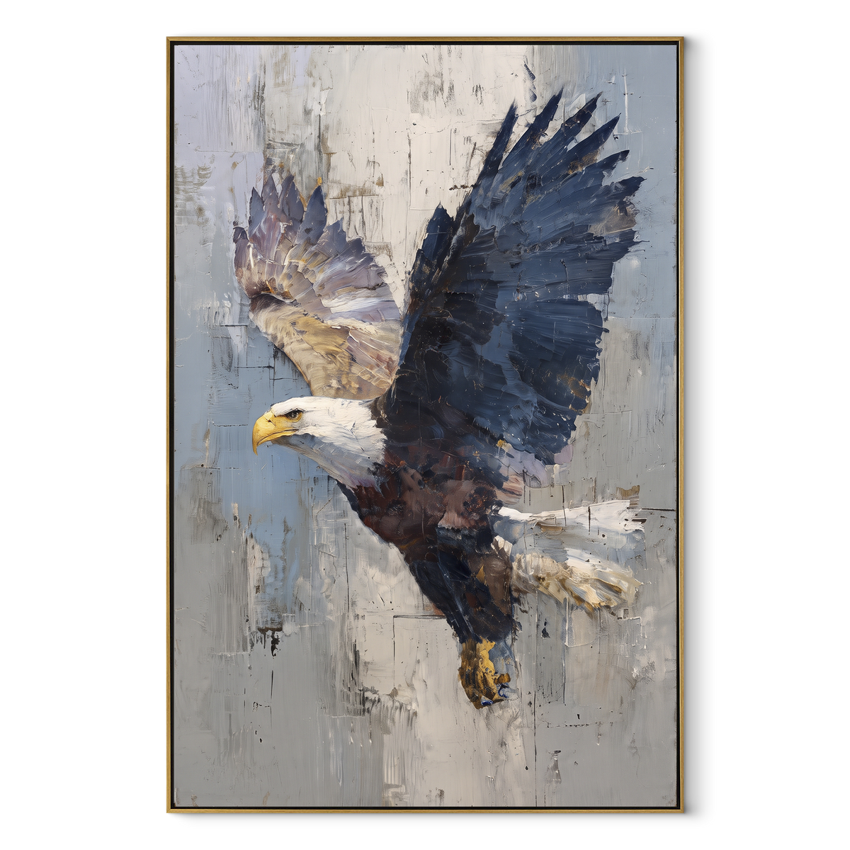 Rust Wing Eagle focuses on a vertical eagle portrait with rust, teal and charcoal wing shapes. The visible subject is placed within a carefully balanced painted field, with the main silhouette, feather, fur, petals, branches, clothing, landscape or background marks kept specific to this artwork. The palette of orange, green, black creates the mood through clear warm and cool relationships, while lighter passages open the composition and darker passages give the focal form weight. Raised impasto