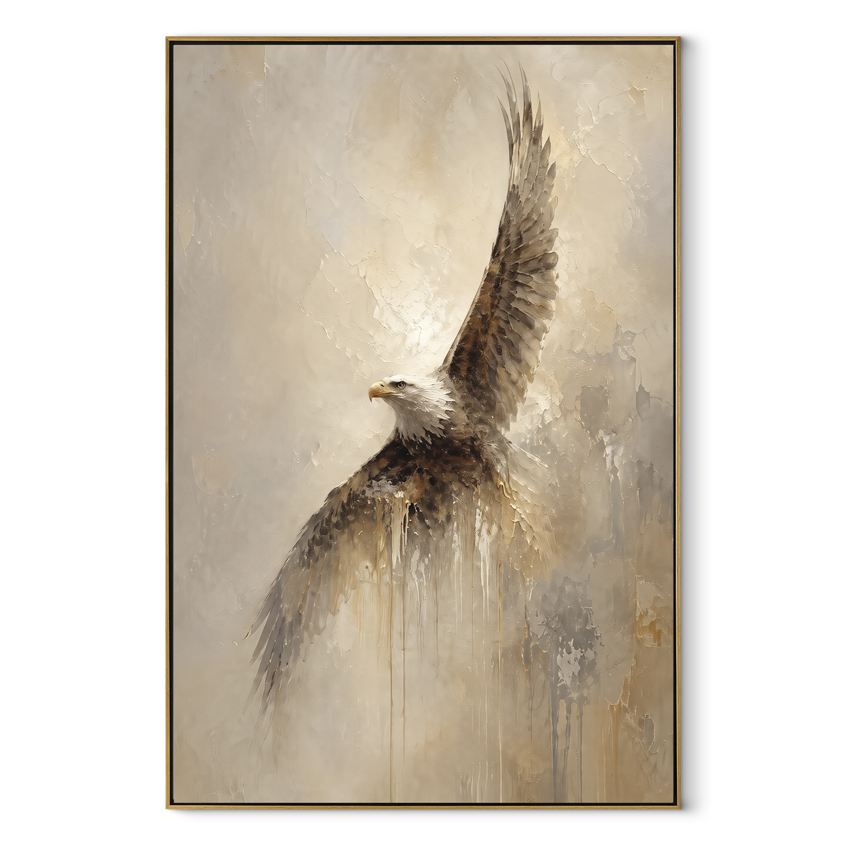 Eagle Against Blue focuses on a bald eagle flying across a deep blue horizontal field. The visible subject is placed within a carefully balanced painted field, with the main silhouette, feather, fur, petals, branches, clothing, landscape or background marks kept specific to this artwork. The palette of blue, white, brown creates the mood through clear warm and cool relationships, while lighter passages open the composition and darker passages give the focal form weight. Raised impasto