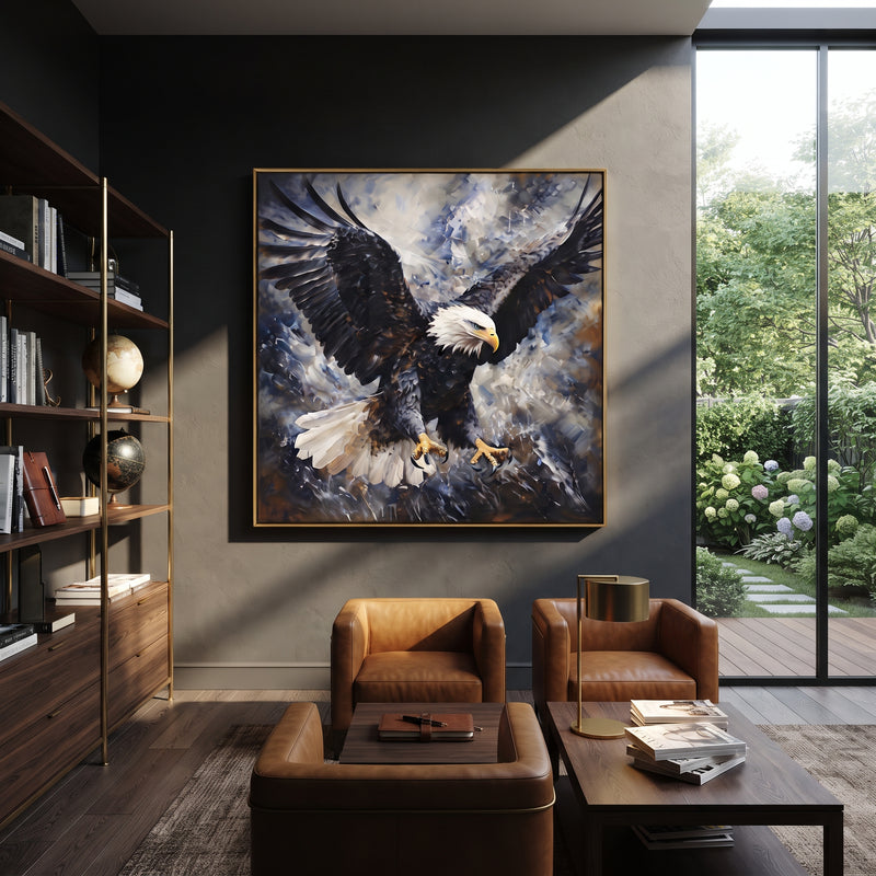 "Eagle Head in Blue" - Modern Heavy Impasto Floral Abstract | Blue & White Palette Knife Painting | Luxury Square Wall Art #PT 2925