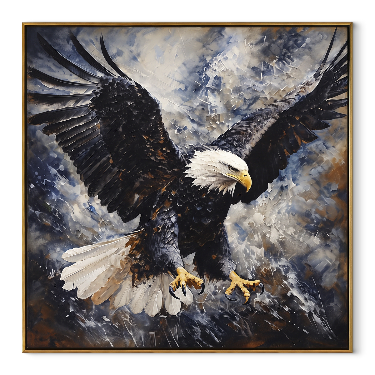 Eagle Head in Blue focuses on a close eagle head with cream feathers and a strong blue field. The visible subject is placed within a carefully balanced painted field, with the main silhouette, feather, fur, petals, branches, clothing, landscape or background marks kept specific to this artwork. The palette of blue, white, yellow creates the mood through clear warm and cool relationships, while lighter passages open the composition and darker passages give the focal form weight. Raised impasto