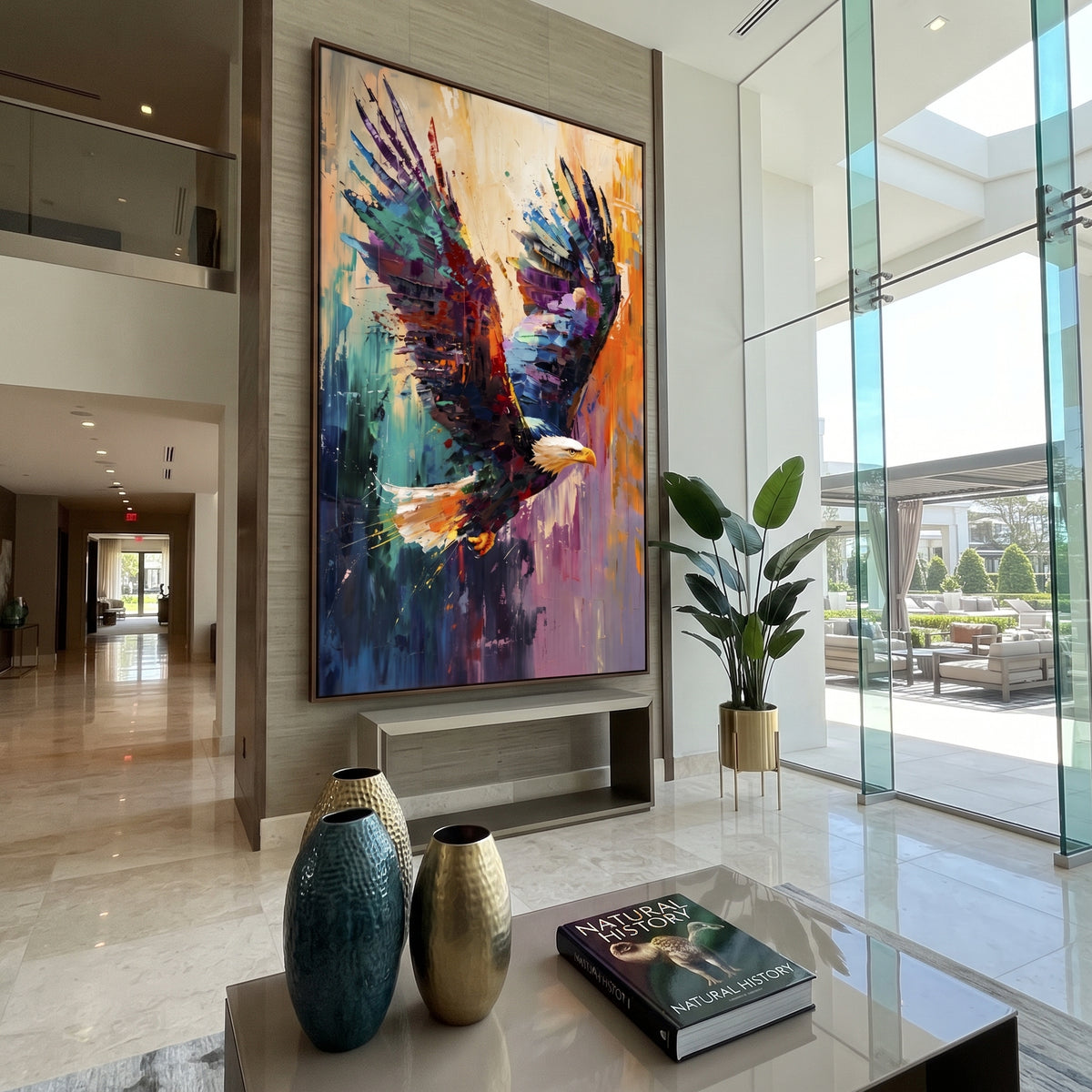 Eagle over White Field focuses on a bald eagle banking through a pale white and grey sky. The visible subject is placed within a carefully balanced painted field, with the main silhouette, feather, fur, petals, branches, clothing, landscape or background marks kept specific to this artwork. The palette of white, grey, black creates the mood through clear warm and cool relationships, while lighter passages open the composition and darker passages give the focal form weight. Raised impasto