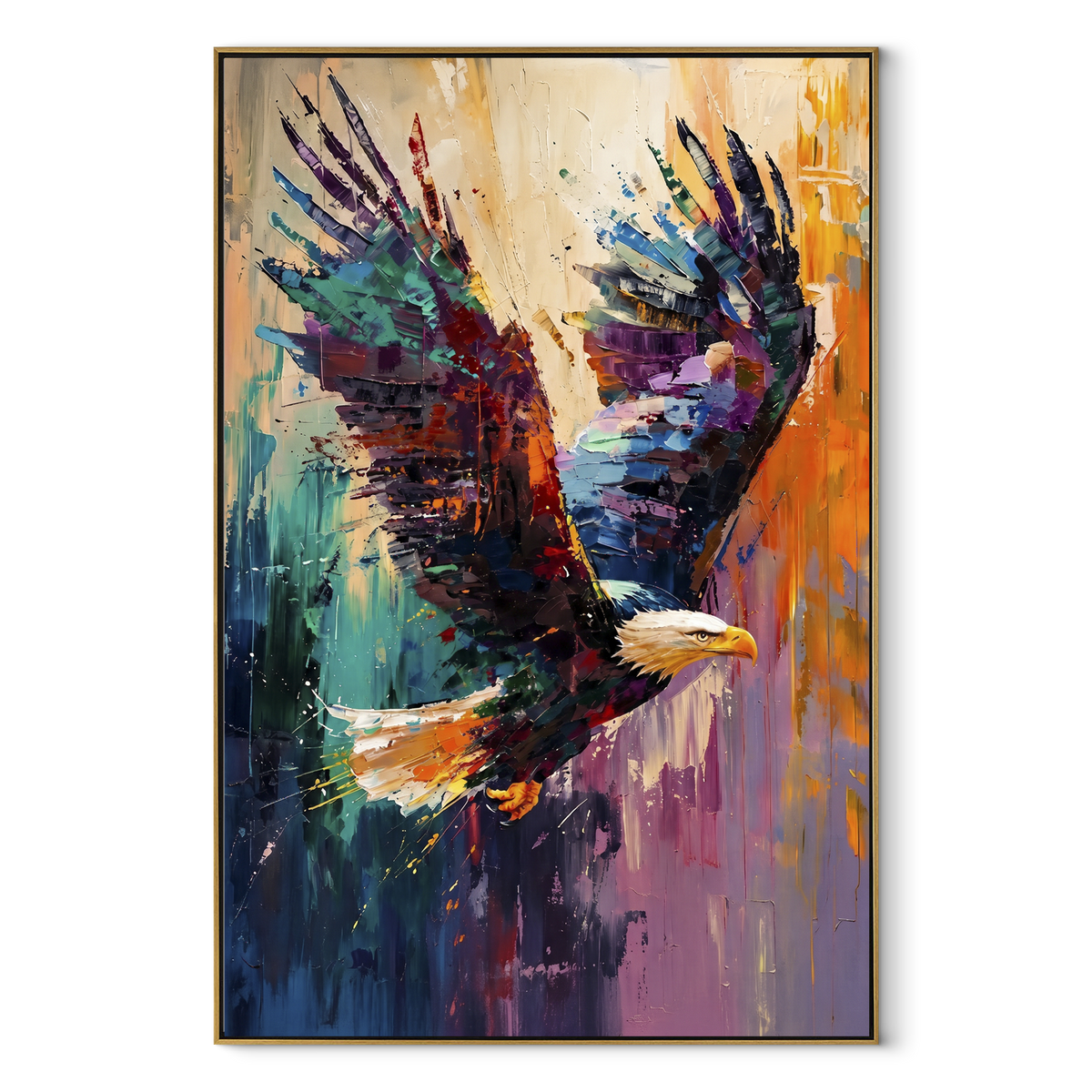 Eagle over White Field focuses on a bald eagle banking through a pale white and grey sky. The visible subject is placed within a carefully balanced painted field, with the main silhouette, feather, fur, petals, branches, clothing, landscape or background marks kept specific to this artwork. The palette of white, grey, black creates the mood through clear warm and cool relationships, while lighter passages open the composition and darker passages give the focal form weight. Raised impasto