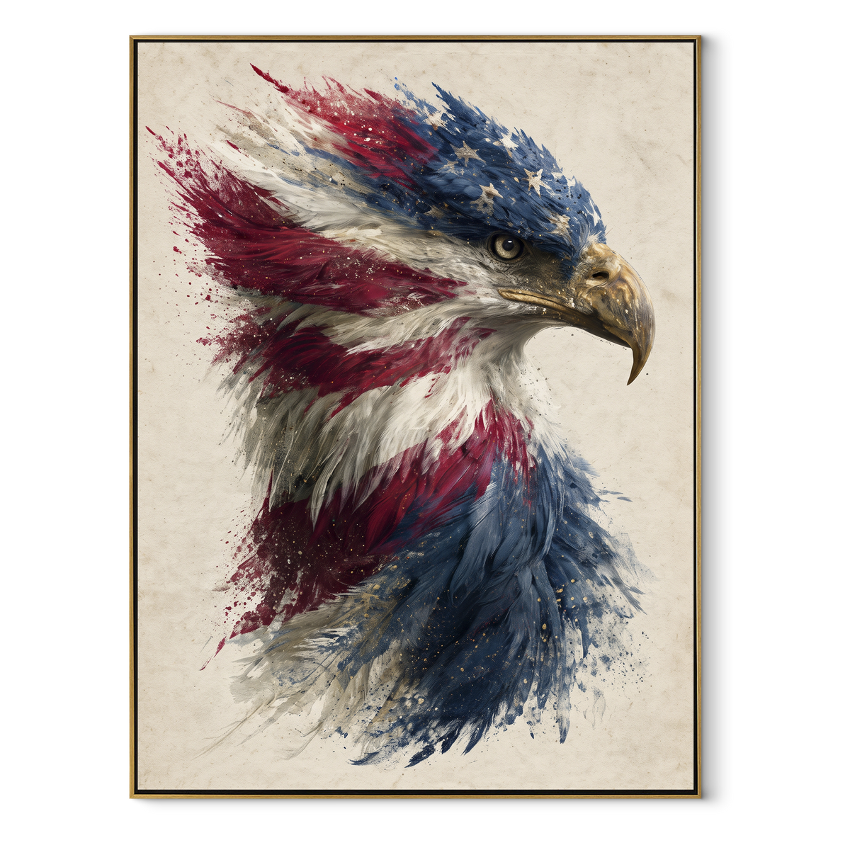 Eagle in Storm Light focuses on a bald eagle flying through slate, white and amber brushwork. The visible subject is placed within a carefully balanced painted field, with the main silhouette, feather, fur, petals, branches, clothing, landscape or background marks kept specific to this artwork. The palette of grey, white, orange creates the mood through clear warm and cool relationships, while lighter passages open the composition and darker passages give the focal form weight. Raised impasto