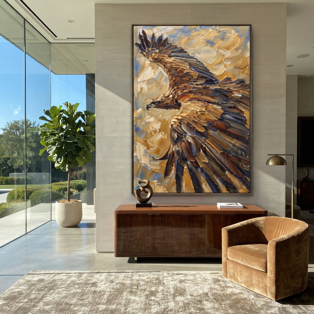 White Eagle Minimal focuses on a pale eagle portrait emerging from white sculpted texture. The visible subject is placed within a carefully balanced painted field, with the main silhouette, feather, fur, petals, branches, clothing, landscape or background marks kept specific to this artwork. The palette of white, beige, grey creates the mood through clear warm and cool relationships, while lighter passages open the composition and darker passages give the focal form weight. Raised impasto