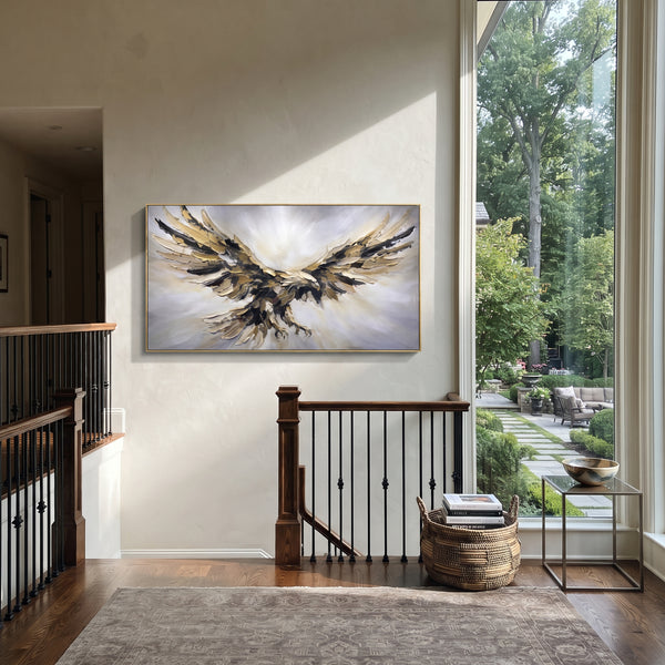 "White Gold Soaring Eagle" - Modern Heavy Impasto Floral Abstract | White & Gold Palette Knife Painting | Luxury Horizontal Wall Art #PT 2934