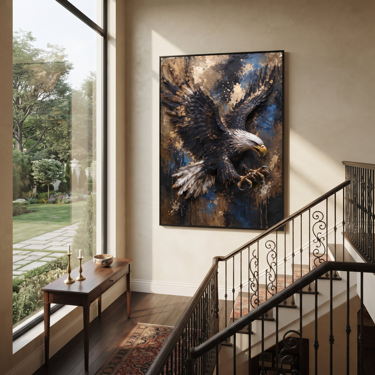 Eagle on White Ground focuses on a textured eagle portrait set against a light plaster surface. The visible subject is placed within a carefully balanced painted field, with the main silhouette, feather, fur, petals, branches, clothing, landscape or background marks kept specific to this artwork. The palette of white, grey, gold creates the mood through clear warm and cool relationships, while lighter passages open the composition and darker passages give the focal form weight. Raised impasto
