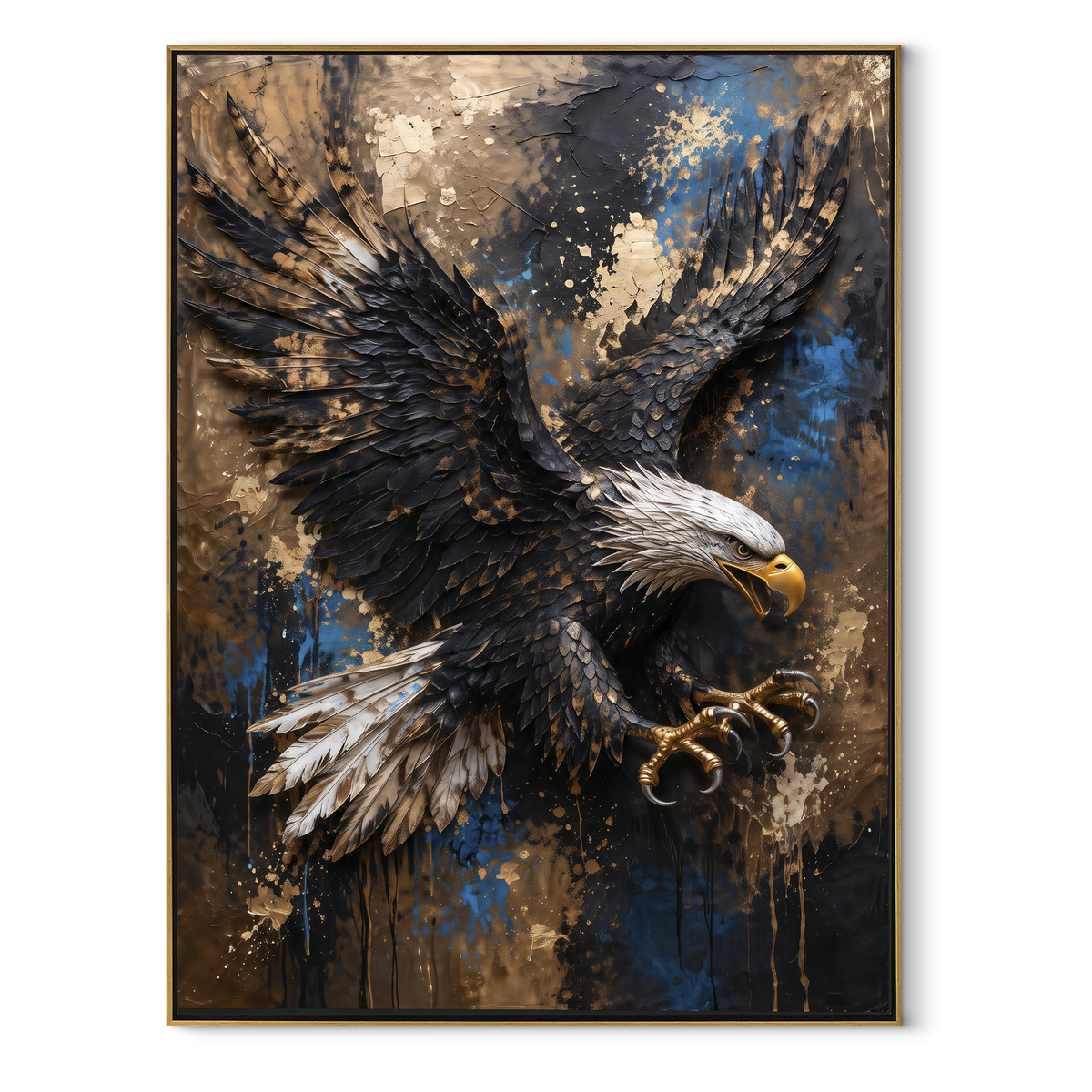 Eagle on White Ground focuses on a textured eagle portrait set against a light plaster surface. The visible subject is placed within a carefully balanced painted field, with the main silhouette, feather, fur, petals, branches, clothing, landscape or background marks kept specific to this artwork. The palette of white, grey, gold creates the mood through clear warm and cool relationships, while lighter passages open the composition and darker passages give the focal form weight. Raised impasto