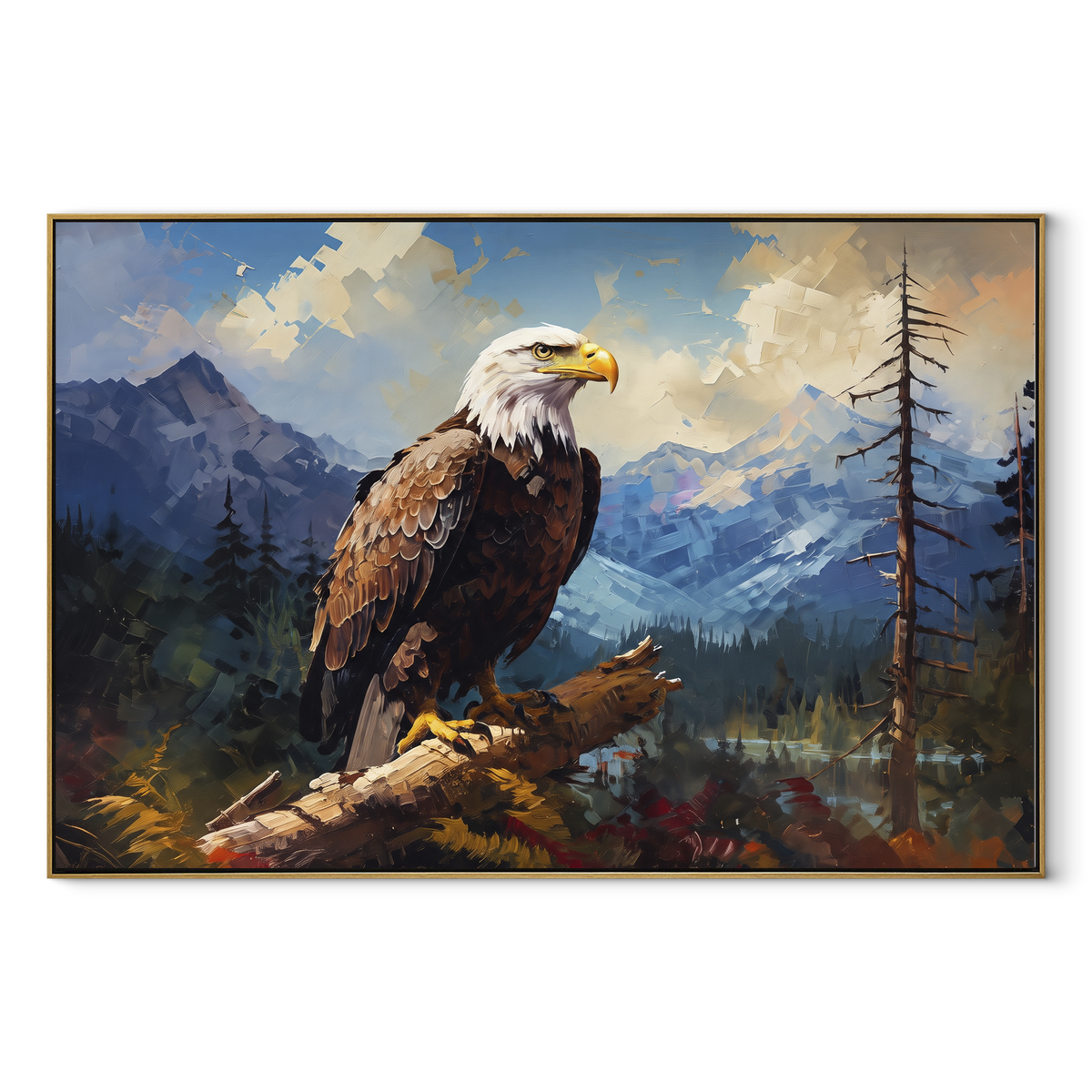 Blue Red Wing Eagle focuses on a bold eagle portrait with blue, red and white feathers. The visible subject is placed within a carefully balanced painted field, with the main silhouette, feather, fur, petals, branches, clothing, landscape or background marks kept specific to this artwork. The palette of blue, red, white creates the mood through clear warm and cool relationships, while lighter passages open the composition and darker passages give the focal form weight. Raised impasto