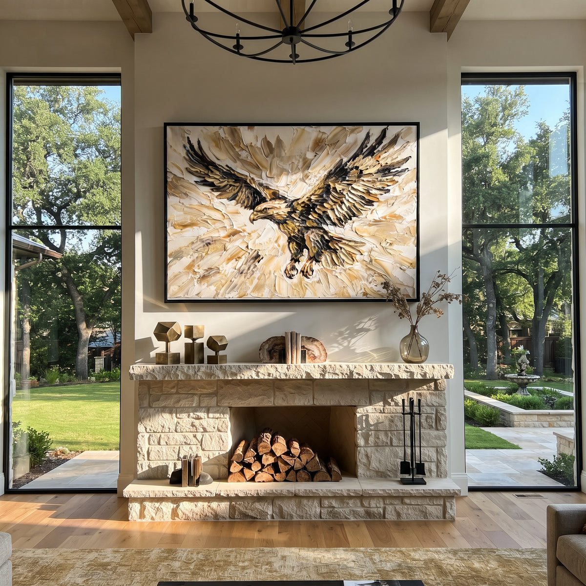 Copper Eagle Flight focuses on a copper and blue eagle gliding through layered brushwork. The visible subject is placed within a carefully balanced painted field, with the main silhouette, feather, fur, petals, branches, clothing, landscape or background marks kept specific to this artwork. The palette of brown, blue, gold creates the mood through clear warm and cool relationships, while lighter passages open the composition and darker passages give the focal form weight. Raised impasto