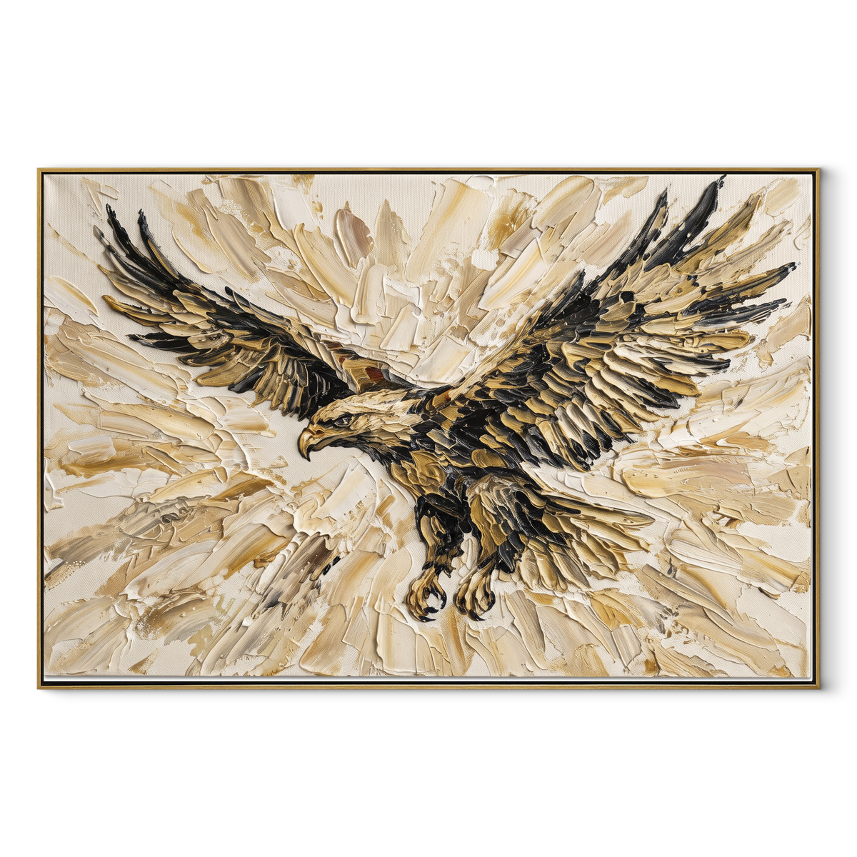 Copper Eagle Flight focuses on a copper and blue eagle gliding through layered brushwork. The visible subject is placed within a carefully balanced painted field, with the main silhouette, feather, fur, petals, branches, clothing, landscape or background marks kept specific to this artwork. The palette of brown, blue, gold creates the mood through clear warm and cool relationships, while lighter passages open the composition and darker passages give the focal form weight. Raised impasto