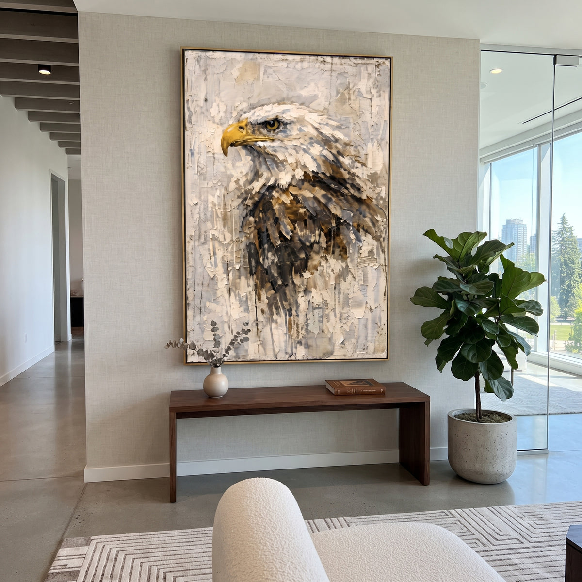 Eagle in Grey Snow focuses on a dark-winged eagle moving through pale grey atmospheric paint. The visible subject is placed within a carefully balanced painted field, with the main silhouette, feather, fur, petals, branches, clothing, landscape or background marks kept specific to this artwork. The palette of grey, black, white creates the mood through clear warm and cool relationships, while lighter passages open the composition and darker passages give the focal form weight. Raised impasto