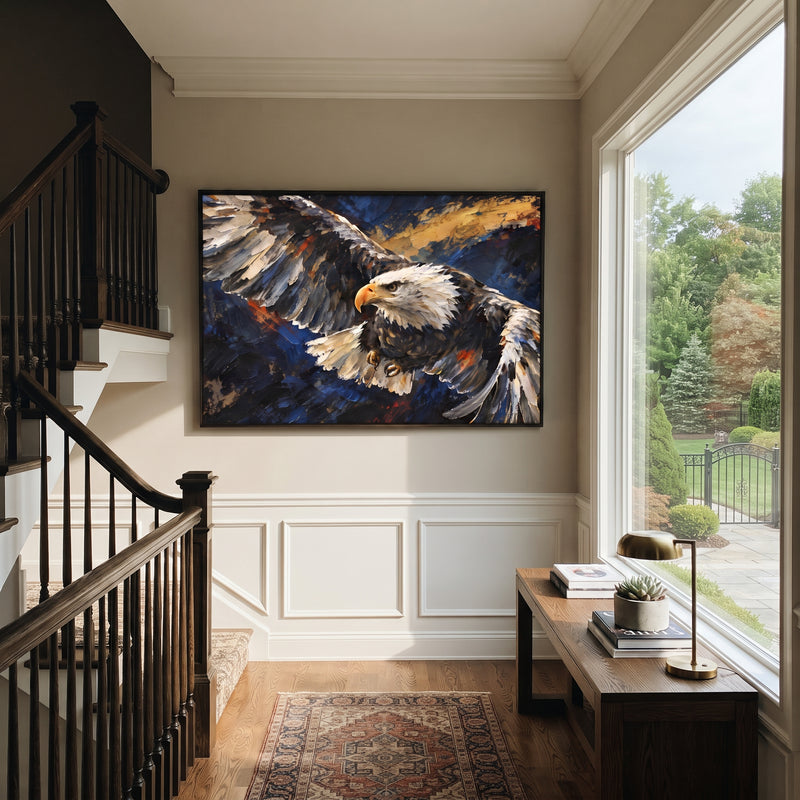 "Eagle with Gold Sky" - Modern Heavy Impasto Floral Abstract | Gold & Grey Palette Knife Painting | Luxury Horizontal Wall Art #PT 2941