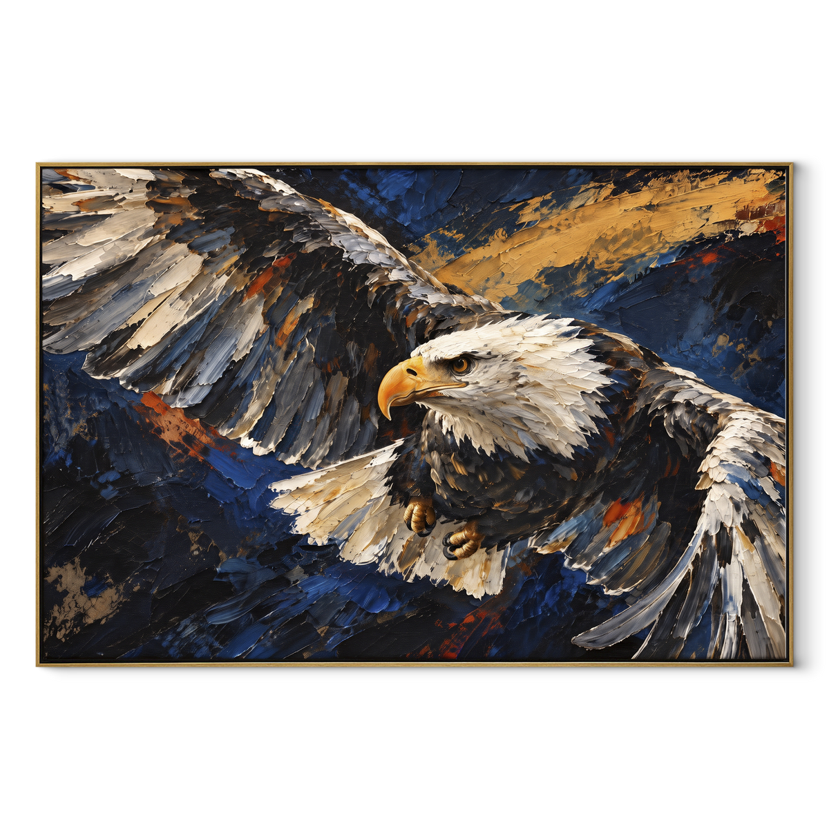 Eagle with Gold Sky focuses on a bald eagle flying through warm gold and slate cloud strokes. The visible subject is placed within a carefully balanced painted field, with the main silhouette, feather, fur, petals, branches, clothing, landscape or background marks kept specific to this artwork. The palette of gold, grey, blue creates the mood through clear warm and cool relationships, while lighter passages open the composition and darker passages give the focal form weight. Raised impasto