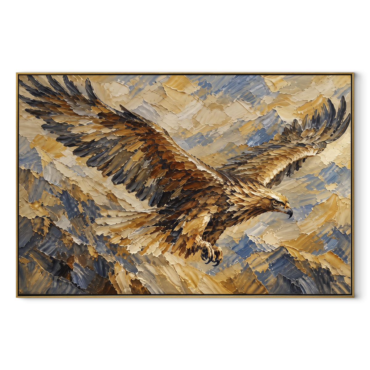 Eagle Feather Relief focuses on a close sculptural study of cream, white and ochre feathers. The visible subject is placed within a carefully balanced painted field, with the main silhouette, feather, fur, petals, branches, clothing, landscape or background marks kept specific to this artwork. The palette of white, beige, gold creates the mood through clear warm and cool relationships, while lighter passages open the composition and darker passages give the focal form weight. Raised impasto