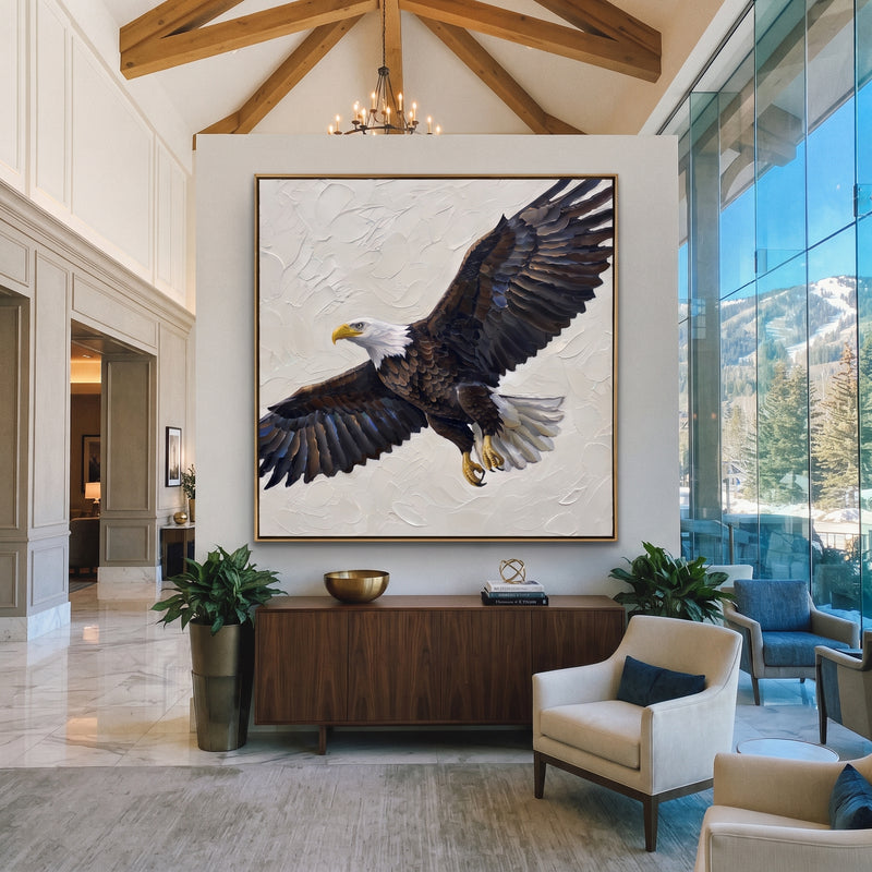 "Bald Eagle Portrait Study" - Modern Heavy Impasto Floral Abstract | White & Grey Palette Knife Painting | Luxury Square Wall Art #PT 2943