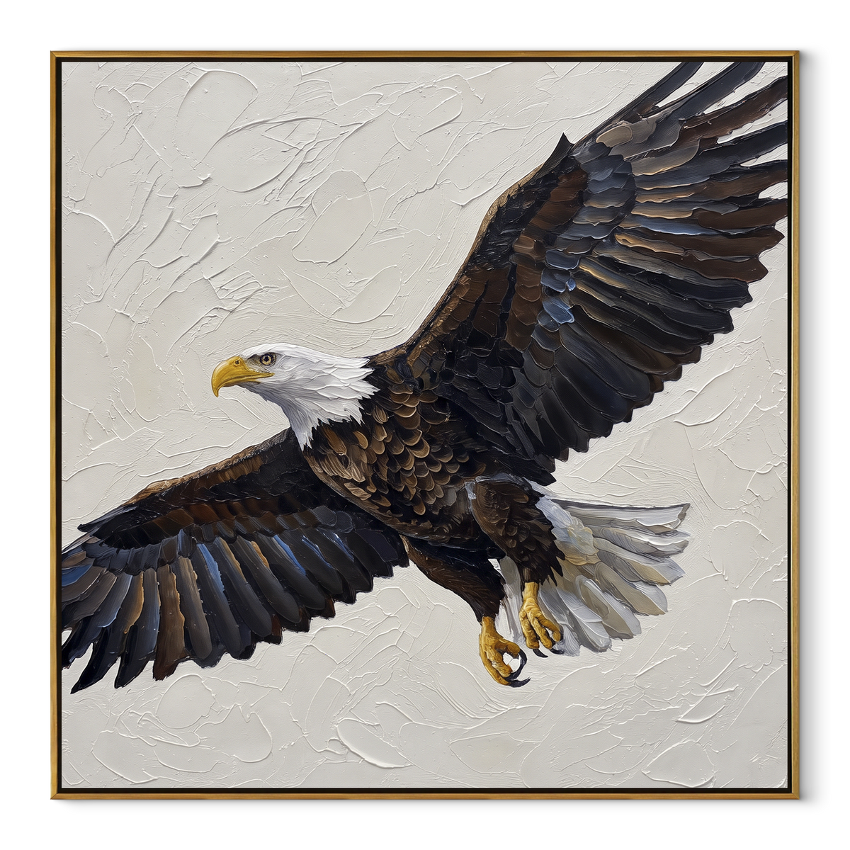 Bald Eagle Portrait Study focuses on a dignified bald eagle portrait with cream, grey and charcoal layers. The visible subject is placed within a carefully balanced painted field, with the main silhouette, feather, fur, petals, branches, clothing, landscape or background marks kept specific to this artwork. The palette of white, grey, black creates the mood through clear warm and cool relationships, while lighter passages open the composition and darker passages give the focal form weight.