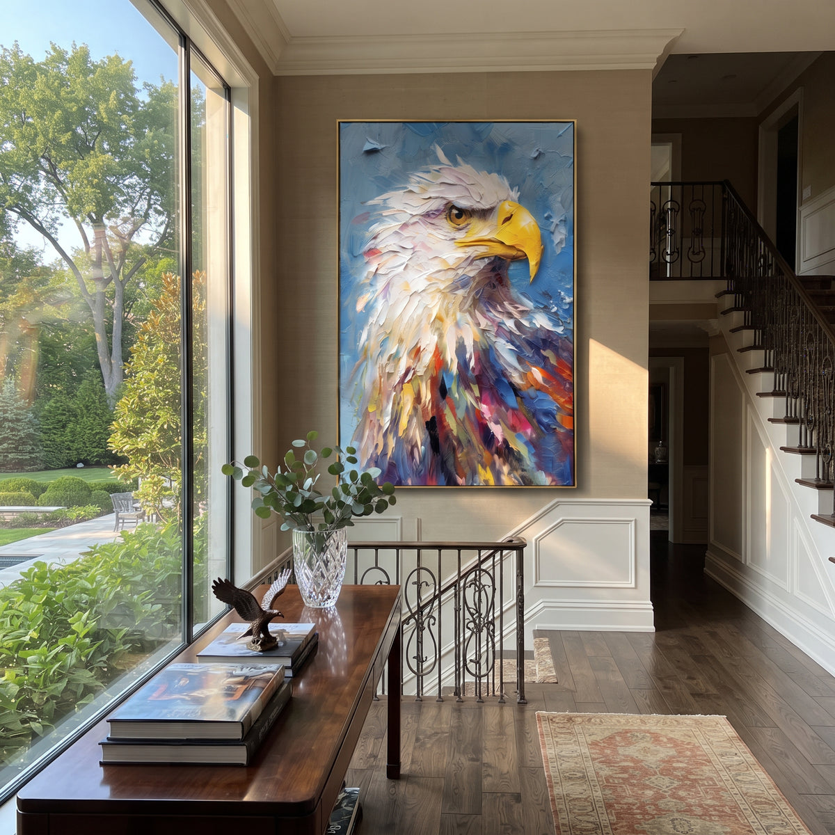 Eagle Over Forest focuses on a perched bald eagle above a cool mountain forest. The visible subject is placed within a carefully balanced painted field, with the main silhouette, feather, fur, petals, branches, clothing, landscape or background marks kept specific to this artwork. The palette of blue, green, brown creates the mood through clear warm and cool relationships, while lighter passages open the composition and darker passages give the focal form weight. Raised impasto, palette-knife