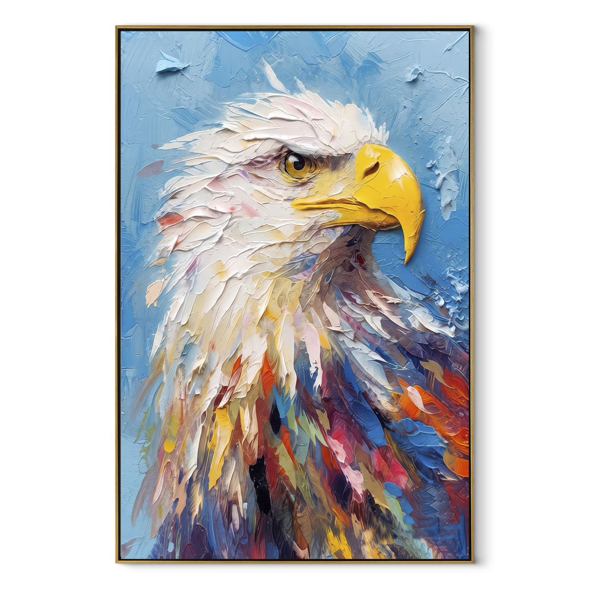 Eagle Over Forest focuses on a perched bald eagle above a cool mountain forest. The visible subject is placed within a carefully balanced painted field, with the main silhouette, feather, fur, petals, branches, clothing, landscape or background marks kept specific to this artwork. The palette of blue, green, brown creates the mood through clear warm and cool relationships, while lighter passages open the composition and darker passages give the focal form weight. Raised impasto, palette-knife