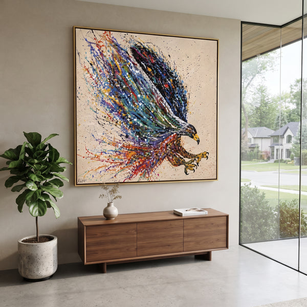 "Eagle in Radiant Flight" - Modern Heavy Impasto Floral Abstract | White & Gold Palette Knife Painting | Luxury Square Wall Art #PT 2945