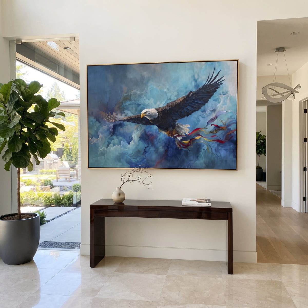 Eagle with Open Wings focuses on a dark eagle spreading its wings across a pale textured field. The visible subject is placed within a carefully balanced painted field, with the main silhouette, feather, fur, petals, branches, clothing, landscape or background marks kept specific to this artwork. The palette of black, white, grey creates the mood through clear warm and cool relationships, while lighter passages open the composition and darker passages give the focal form weight. Raised impasto
