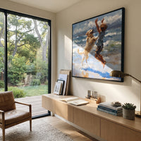 Quiet Quiet Figure by the Water focuses on a child and joyful dog moving through blue water. The composition keeps the principal subject clearly separated from the painted field, so the eye can follow the specific gesture, silhouette, garment, fur, petal, ridge, or river visible in this artwork. Its color relationships move between blue, beige, and brown, with lighter passages opening the focal area and deeper strokes giving the forms weight. Palette-knife edges, impasto ridges, broken brush