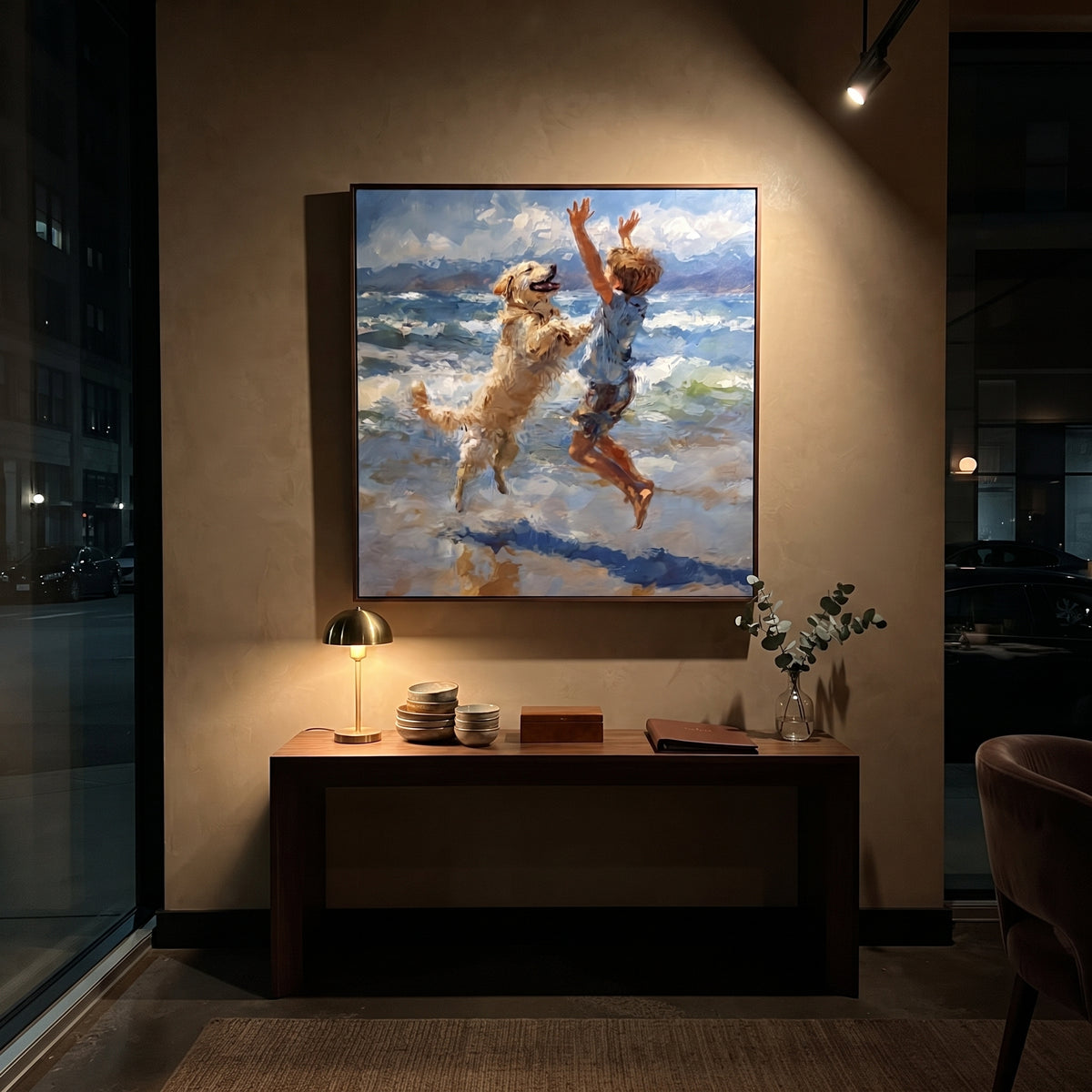 Quiet Quiet Figure by the Water focuses on a child and joyful dog moving through blue water. The composition keeps the principal subject clearly separated from the painted field, so the eye can follow the specific gesture, silhouette, garment, fur, petal, ridge, or river visible in this artwork. Its color relationships move between blue, beige, and brown, with lighter passages opening the focal area and deeper strokes giving the forms weight. Palette-knife edges, impasto ridges, broken brush