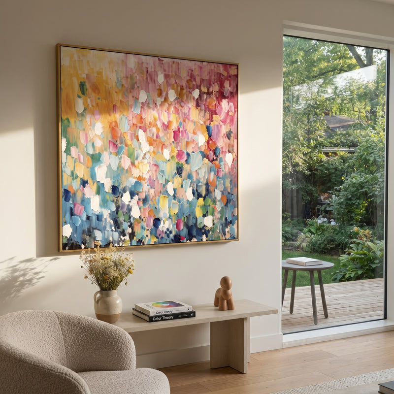 "Luminous Quiet Petal Field" - Modern Heavy Impasto Landscape Artwork | Orange & Pink Palette Knife Painting | Luxury Square Wall Art #PT 2948