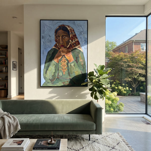 "Cobalt Quiet Quiet Seated Portrait" - Modern Heavy Impasto Landscape Artwork | Blue & Grey Palette Knife Painting | Luxury Vertical Wall Art #PT 2950
