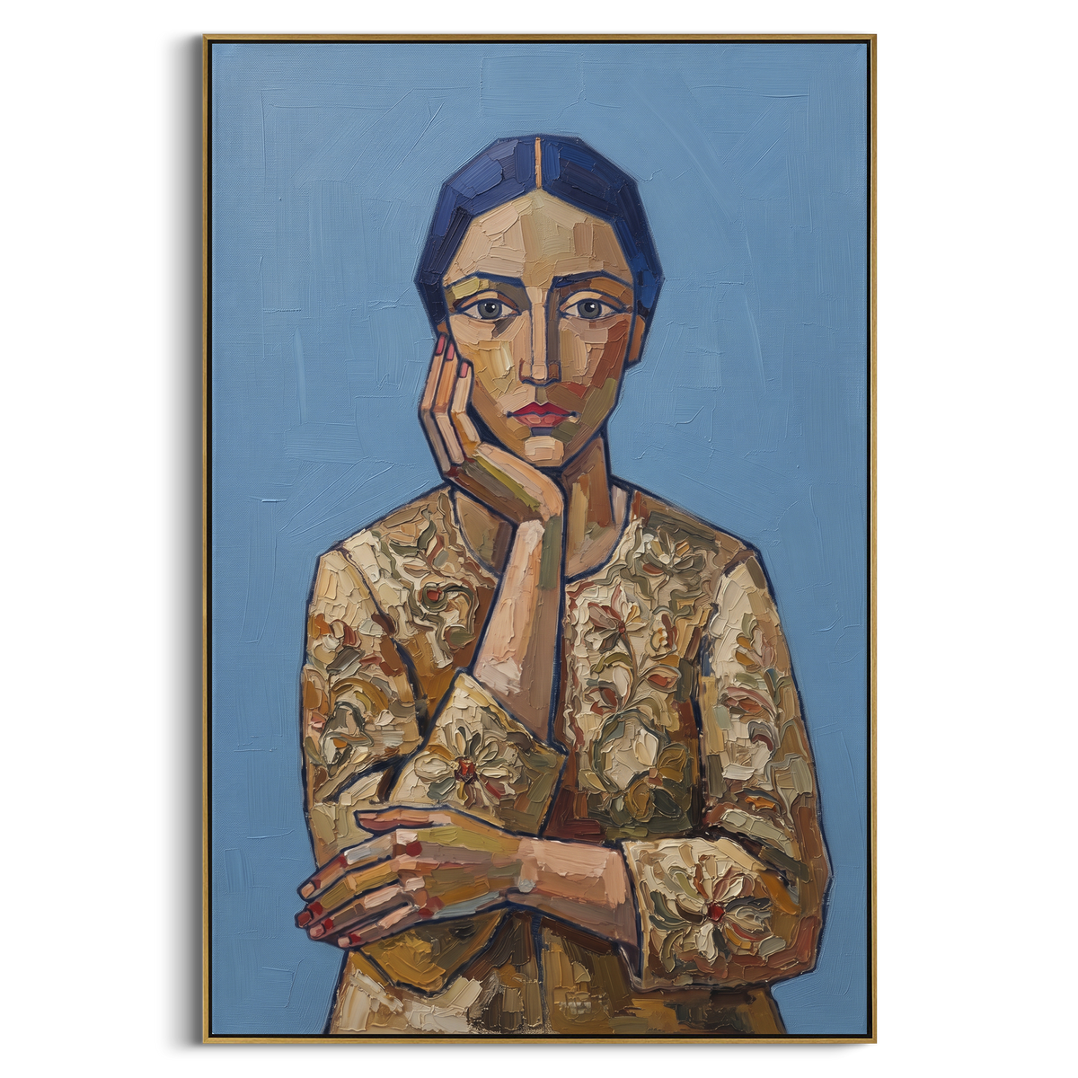 Distant Quiet Quiet Seated Portrait focuses on a seated woman with folded hands and patterned clothing. The composition keeps the principal subject clearly separated from the painted field, so the eye can follow the specific gesture, silhouette, garment, fur, petal, ridge, or river visible in this artwork. Its color relationships move between purple, green, and white, with lighter passages opening the focal area and deeper strokes giving the forms weight. Palette-knife edges, impasto ridges