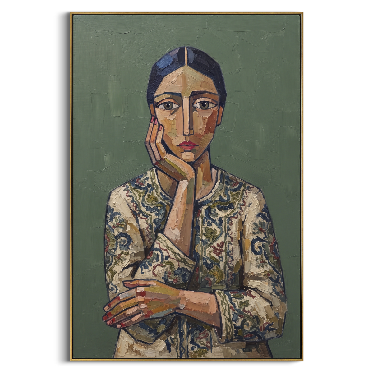 "Gathered Quiet Quiet Seated Portrait" - Modern Heavy Impasto Landscape Artwork | Blue & Beige Palette Knife Painting | Luxury Vertical Wall Art #PT 2957