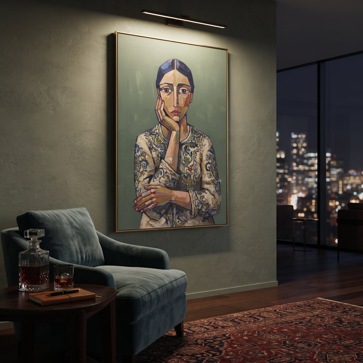 Gathered Quiet Quiet Seated Portrait focuses on a seated woman with folded hands and patterned clothing. The composition keeps the principal subject clearly separated from the painted field, so the eye can follow the specific gesture, silhouette, garment, fur, petal, ridge, or river visible in this artwork. Its color relationships move between blue, beige, and brown, with lighter passages opening the focal area and deeper strokes giving the forms weight. Palette-knife edges, impasto ridges