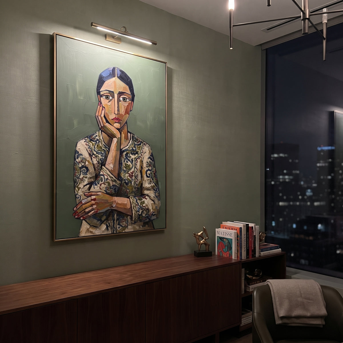 Gathered Quiet Quiet Seated Portrait focuses on a seated woman with folded hands and patterned clothing. The composition keeps the principal subject clearly separated from the painted field, so the eye can follow the specific gesture, silhouette, garment, fur, petal, ridge, or river visible in this artwork. Its color relationships move between blue, beige, and brown, with lighter passages opening the focal area and deeper strokes giving the forms weight. Palette-knife edges, impasto ridges