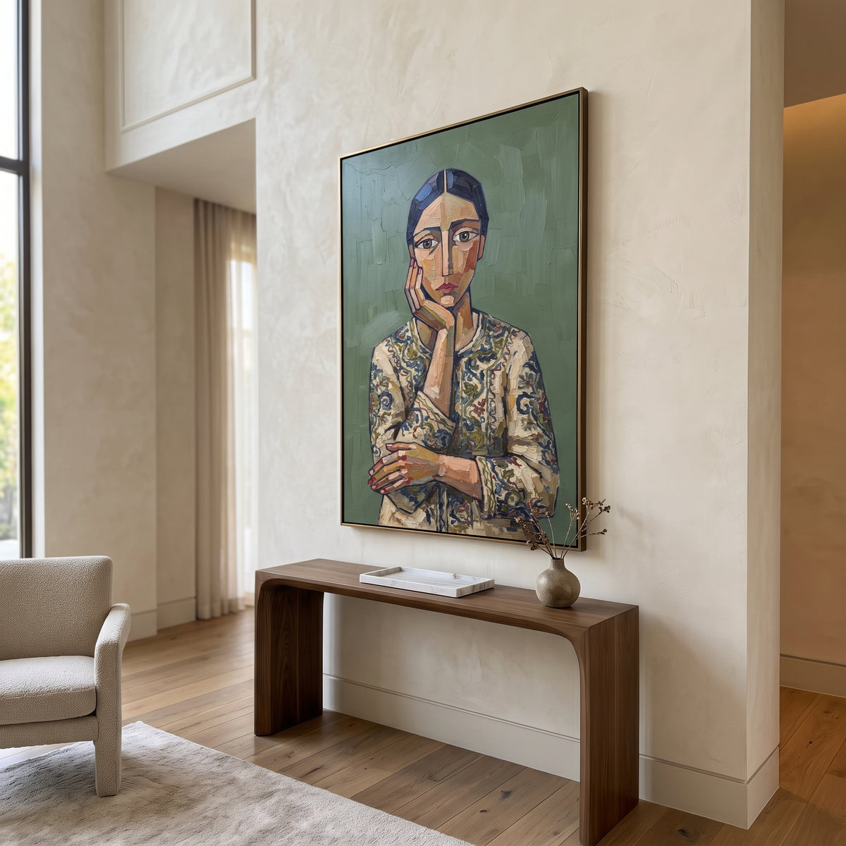 Gathered Quiet Quiet Seated Portrait focuses on a seated woman with folded hands and patterned clothing. The composition keeps the principal subject clearly separated from the painted field, so the eye can follow the specific gesture, silhouette, garment, fur, petal, ridge, or river visible in this artwork. Its color relationships move between blue, beige, and brown, with lighter passages opening the focal area and deeper strokes giving the forms weight. Palette-knife edges, impasto ridges