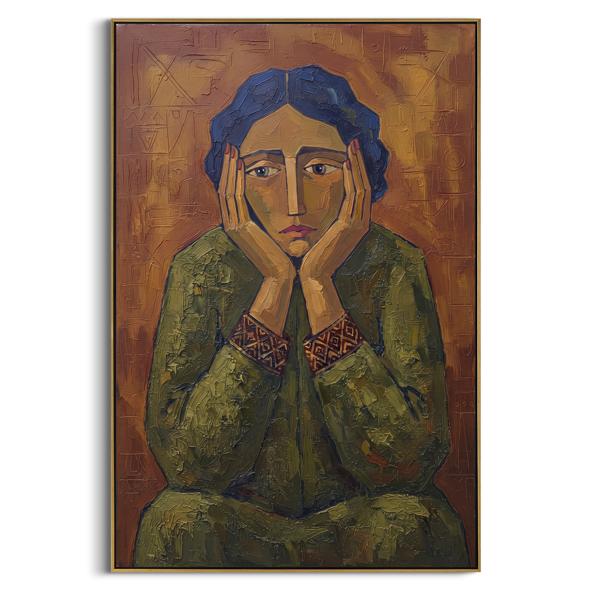 River Quiet Quiet Seated Portrait focuses on a seated woman with folded hands and patterned clothing. The composition keeps the principal subject clearly separated from the painted field, so the eye can follow the specific gesture, silhouette, garment, fur, petal, ridge, or river visible in this artwork. Its color relationships move between orange, pink, and green, with lighter passages opening the focal area and deeper strokes giving the forms weight. Palette-knife edges, impasto ridges, broken