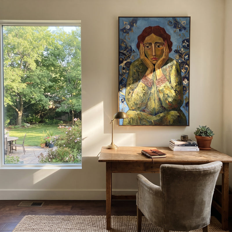 "Warm Quiet Quiet Seated Portrait" - Modern Heavy Impasto Landscape Artwork | Green & Yellow Palette Knife Painting | Luxury Vertical Wall Art #PT 2959