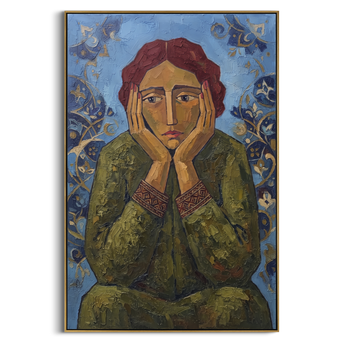 "Warm Quiet Quiet Seated Portrait" - Modern Heavy Impasto Landscape Artwork | Green & Yellow Palette Knife Painting | Luxury Vertical Wall Art #PT 2959
