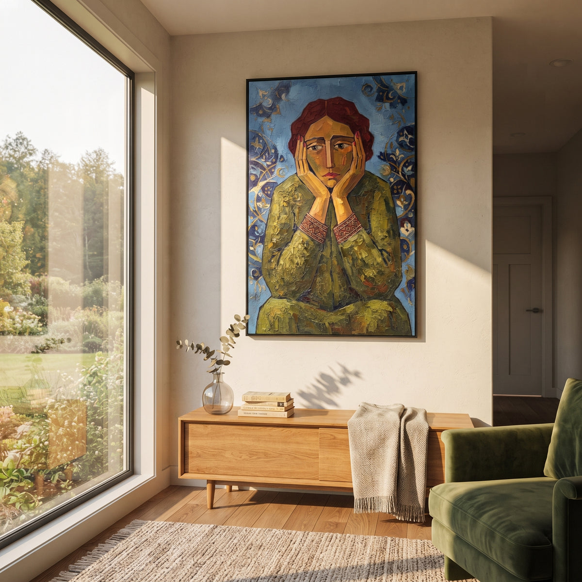 Warm Quiet Quiet Seated Portrait focuses on a seated woman with folded hands and patterned clothing. The composition keeps the principal subject clearly separated from the painted field, so the eye can follow the specific gesture, silhouette, garment, fur, petal, ridge, or river visible in this artwork. Its color relationships move between green, yellow, and beige, with lighter passages opening the focal area and deeper strokes giving the forms weight. Palette-knife edges, impasto ridges, broken
