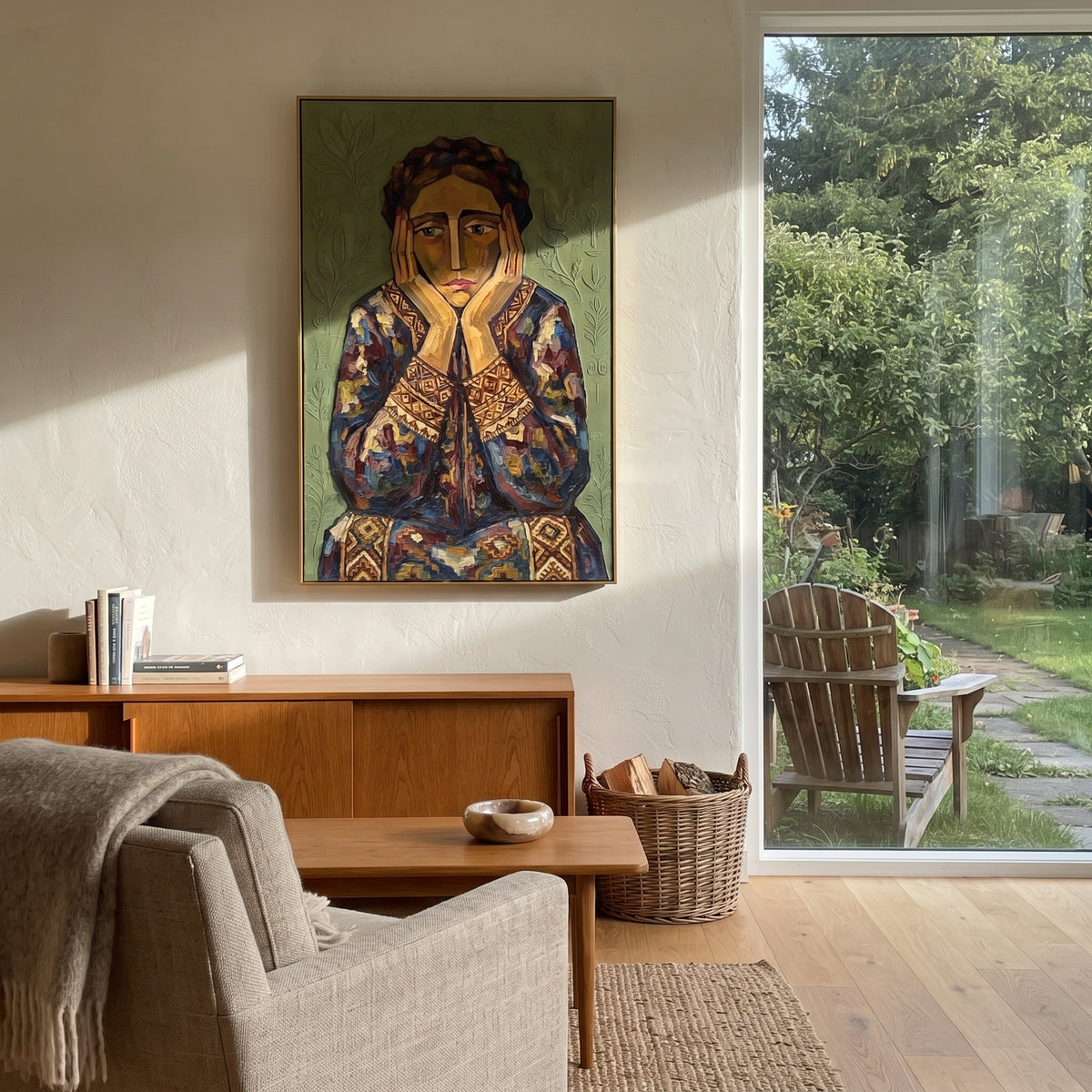 Still Quiet Quiet Seated Portrait focuses on a seated woman with folded hands and patterned clothing. The composition keeps the principal subject clearly separated from the painted field, so the eye can follow the specific gesture, silhouette, garment, fur, petal, ridge, or river visible in this artwork. Its color relationships move between blue, grey, and white, with lighter passages opening the focal area and deeper strokes giving the forms weight. Palette-knife edges, impasto ridges, broken