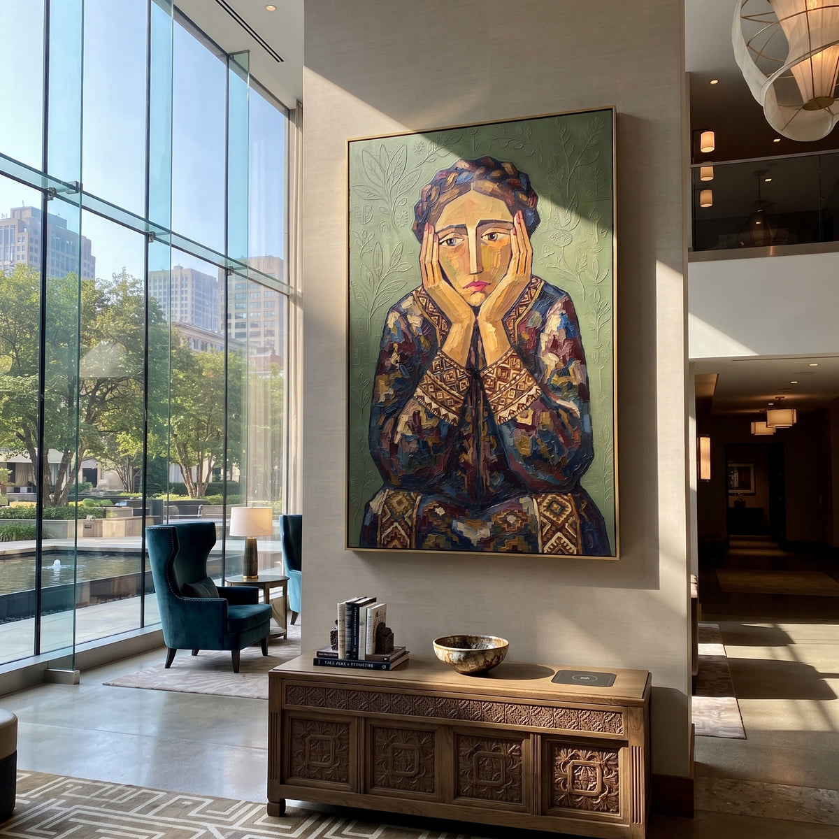 Still Quiet Quiet Seated Portrait focuses on a seated woman with folded hands and patterned clothing. The composition keeps the principal subject clearly separated from the painted field, so the eye can follow the specific gesture, silhouette, garment, fur, petal, ridge, or river visible in this artwork. Its color relationships move between blue, grey, and white, with lighter passages opening the focal area and deeper strokes giving the forms weight. Palette-knife edges, impasto ridges, broken