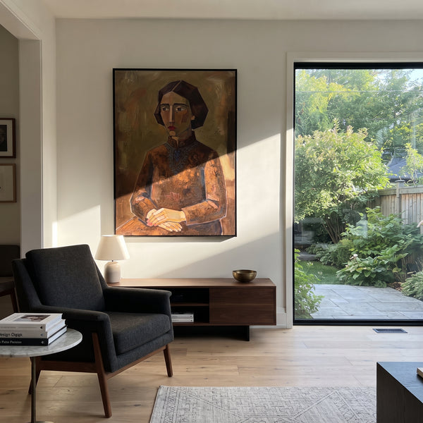 "Gentle Quiet Quiet Seated Portrait" - Modern Heavy Impasto Landscape Artwork | Green & Brown Palette Knife Painting | Luxury Vertical Wall Art #PT 2961