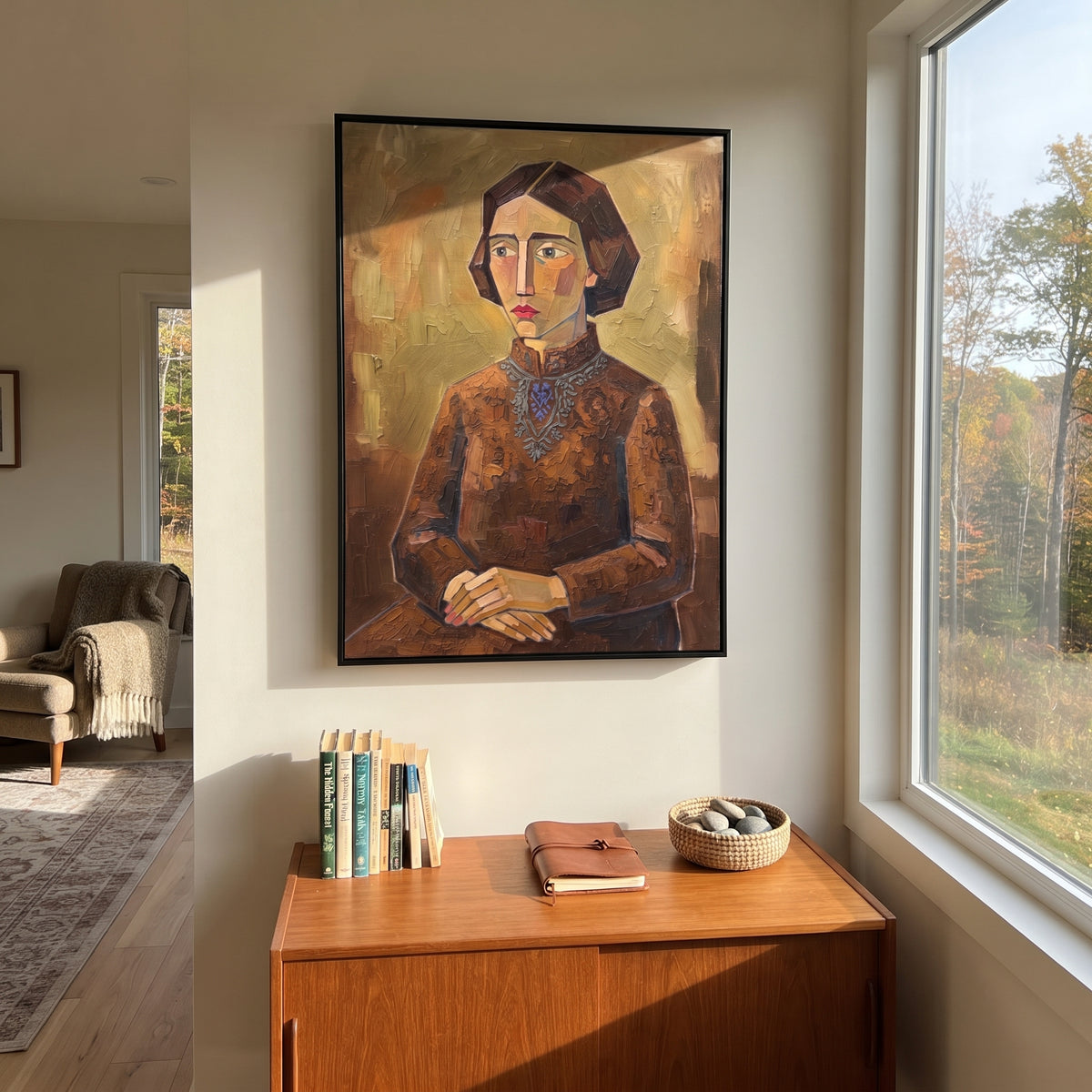 Gentle Quiet Quiet Seated Portrait focuses on a seated woman with folded hands and patterned clothing. The composition keeps the principal subject clearly separated from the painted field, so the eye can follow the specific gesture, silhouette, garment, fur, petal, ridge, or river visible in this artwork. Its color relationships move between green, brown, and yellow, with lighter passages opening the focal area and deeper strokes giving the forms weight. Palette-knife edges, impasto ridges