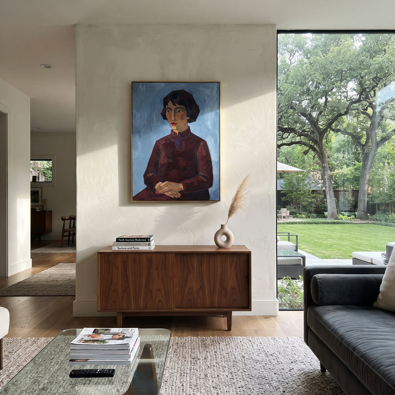 "Open Quiet Quiet Seated Portrait" - Modern Heavy Impasto Landscape Artwork | Orange & Black Palette Knife Painting | Luxury Vertical Wall Art #PT 2962