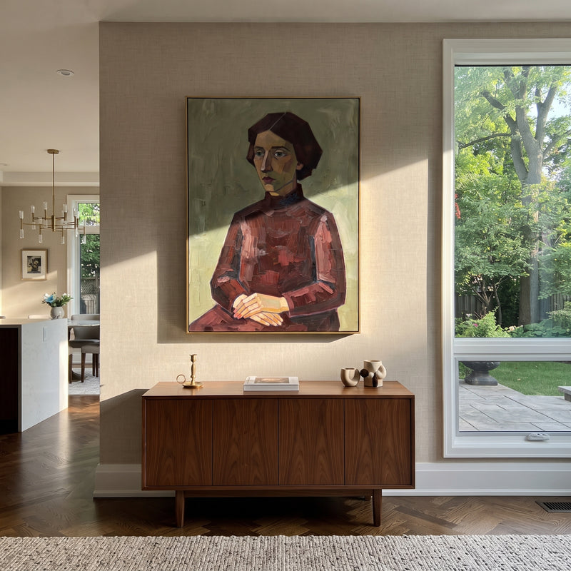 "Wandering Quiet Quiet Seated Portrait" - Modern Heavy Impasto Landscape Artwork | Blue & Red Palette Knife Painting | Luxury Vertical Wall Art #PT 2963